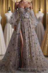 Chic Long Sweetheart Front Split Star Semi Formal Prom Dresses With Sleeves